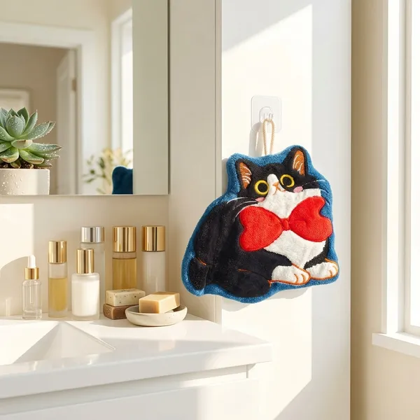 Hand_Towel_Cute_Cat_Hanging_With_Red_Bow_Blue_Border_Default_Title