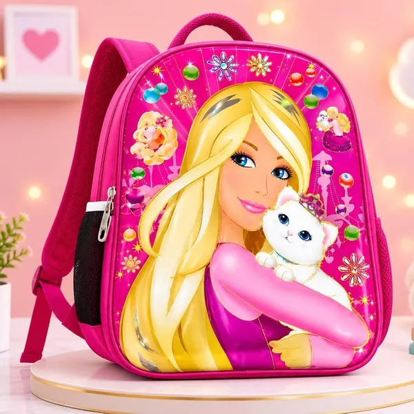 Backpack_Pink_3d_Embossed_Barbie_And_White_Cat_Cartoon_School_Default_Title