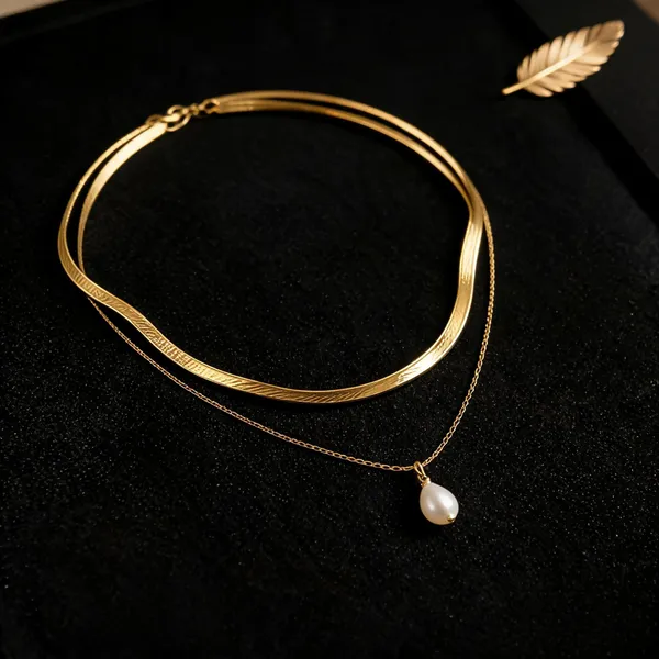 18K_Gold_Plated_Double_Layer_Herringbone_Pearl_Drop_Necklace