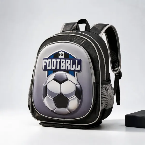 Black_Grey_Leather_Rexine_3D_Football_Backpack_For_Kids