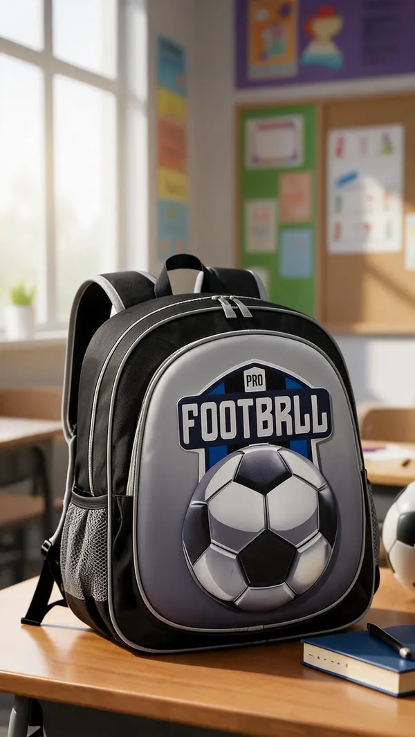 Black_Grey_Leather_Rexine_3D_Football_Backpack_For_Kids
