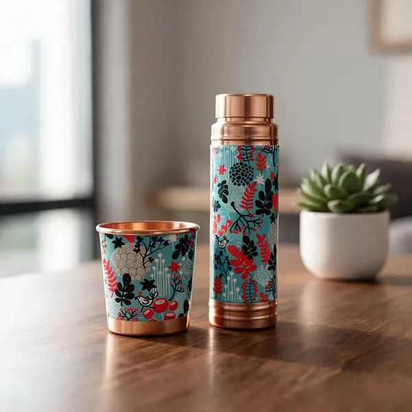 Copper_Turquoise_Floral_Bottle_Tumbler_Gift_Set_750Ml_With_Cup