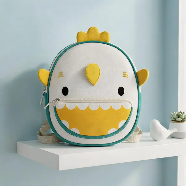 White_Teal_Leather_Rexine_3D_Chicken_Face_Backpack_For_Kids