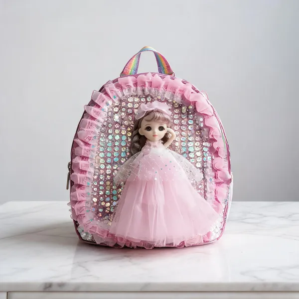 Pink_Sequin_3D_Princess_Doll_Backpack_For_Kids