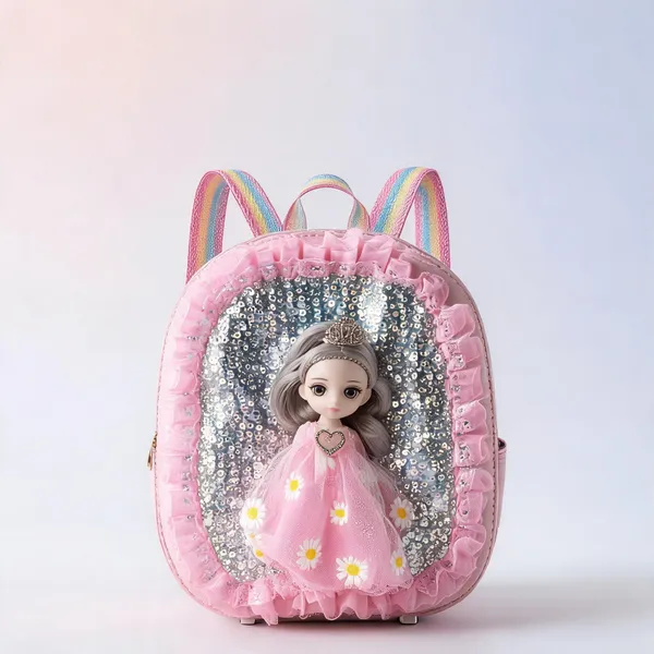 Pink_Leather_Rexine_Sequin_Daisy_Princess_Doll_Backpack_For_Kids