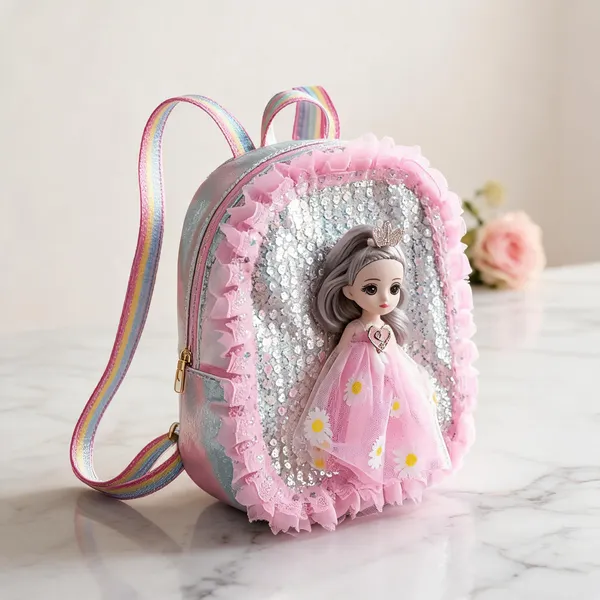 Pink_Leather_Rexine_Sequin_Daisy_Princess_Doll_Backpack_For_Kids