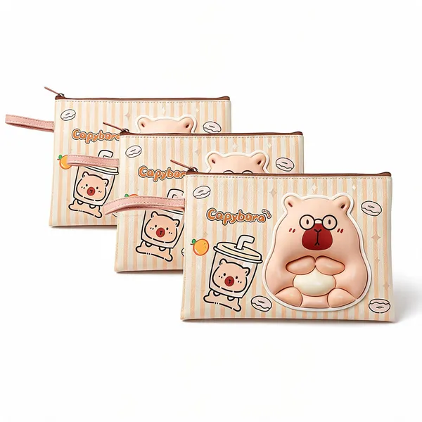 Peach_Faux_Leather_Capybara_Print_A4_Document_Pouch_With_Wrist_Strap