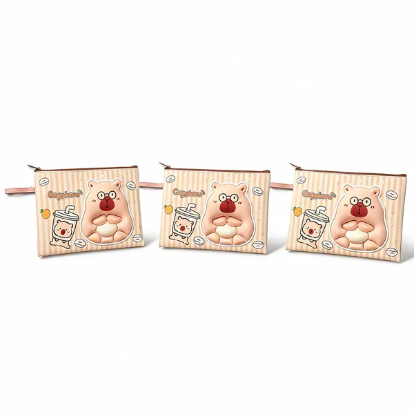 Peach_Faux_Leather_Capybara_Print_A4_Document_Pouch_With_Wrist_Strap