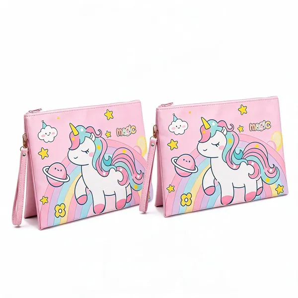 Pink_Faux_Leather_Unicorn_Rainbow_Print_A4_Document_Pouch_With_Wrist_Strap