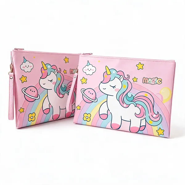 Pink_Faux_Leather_Unicorn_Rainbow_Print_A4_Document_Pouch_With_Wrist_Strap