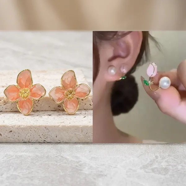 Pearl_Orange_Floral_Stud_Earrings_And_Gold_Tone_Pearl_And_Floral_Drop