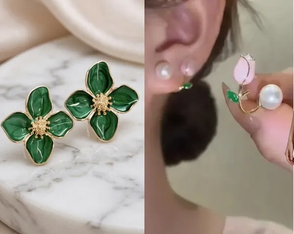 Pearl_Green_Floral_Stud_Earrings_And_Gold_Tone_Pearl_And_Floral_Drop