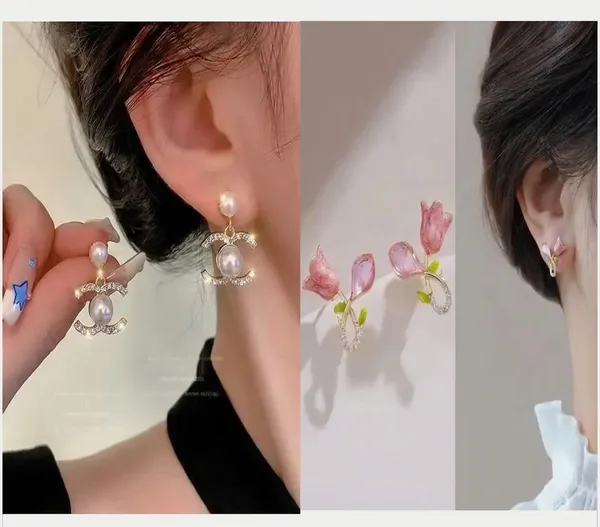 Gold_Tone_Pearl_Drop_Earrings_And_Pink_Floral_Drop_Earrings