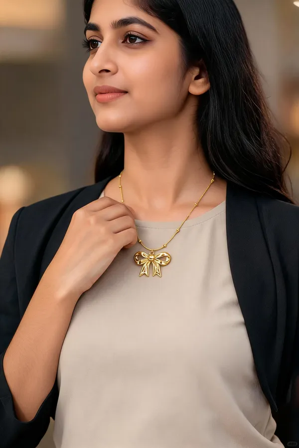 Gold_Tone_Bow_Pendant_Necklace_For_Women