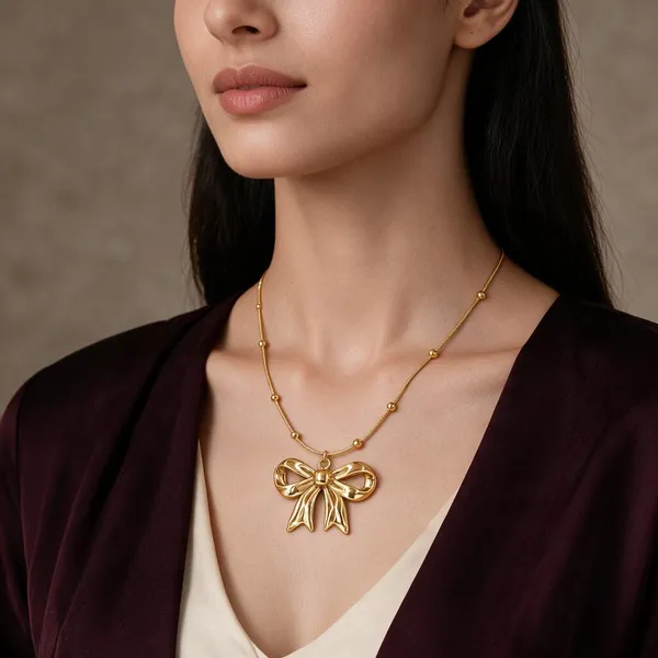 Gold_Tone_Bow_Pendant_Necklace_For_Women