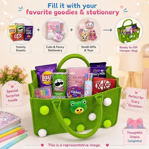 Cute_Felt_Hamper_Gift_Bag_for_Kids_|_Reusable_Tote_Bag_Adorable_Soft_Toy_Charm_&_Pom-Pom_|_Spacious_Gift_Basket_for_Birthday,_Raksha_Bandhan,_Return_Gifts,_Picnic,_Lunch_|_28x18_x15_cm_Green_