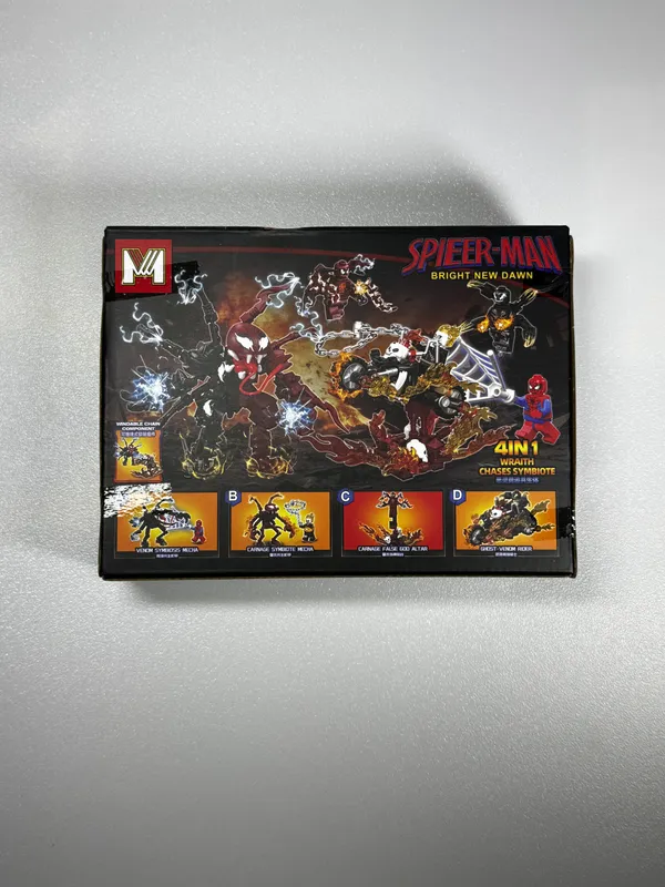 Building_block_set_featuring_a_Carnage_figure_on_a_"False_God_Altar"_with_fiery_base_effects_(model_MG2302,_labeled_"Spieer-Man:_Bright_New_Dawn"_and_"4-in-1_Wraith_Chases_Symbiote").