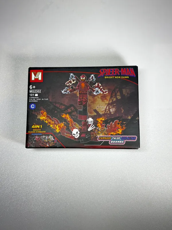 Building_block_set_featuring_a_Carnage_figure_on_a_"False_God_Altar"_with_fiery_base_effects_(model_MG2302,_labeled_"Spieer-Man:_Bright_New_Dawn"_and_"4-in-1_Wraith_Chases_Symbiote").