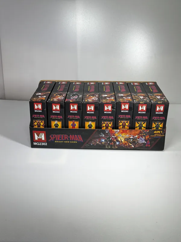 Building_block_set_featuring_a_Carnage_figure_on_a_"False_God_Altar"_with_fiery_base_effects_(model_MG2302,_labeled_"Spieer-Man:_Bright_New_Dawn"_and_"4-in-1_Wraith_Chases_Symbiote").