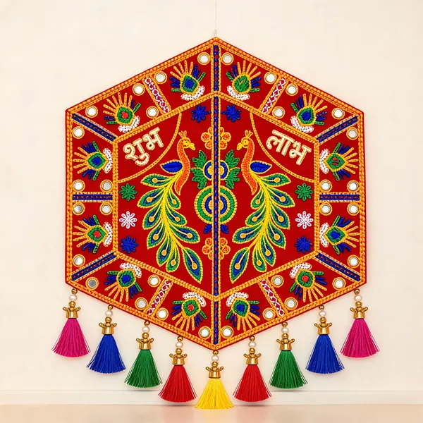Velvet_Festive_Peacock_Shubh_Labh_Embroidered_Wall_Hanging