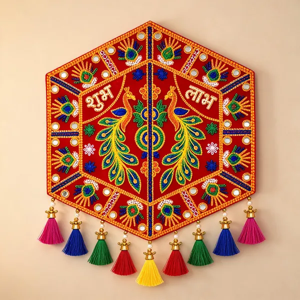 Velvet_Festive_Peacock_Shubh_Labh_Embroidered_Wall_Hanging