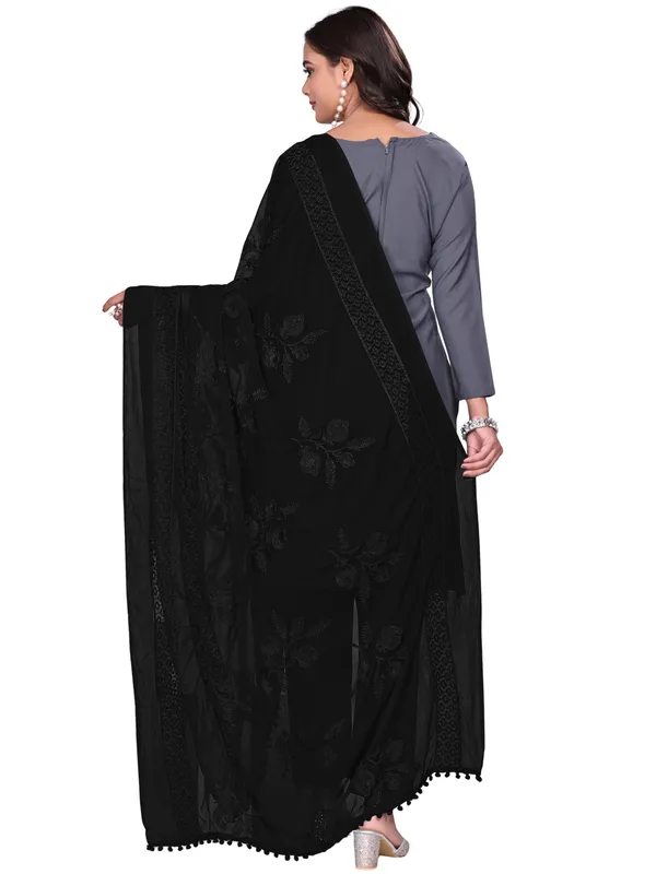 Embroidered_Chiffon_Dupatta_For_Women_With_Pom_Pom_Lace_Black