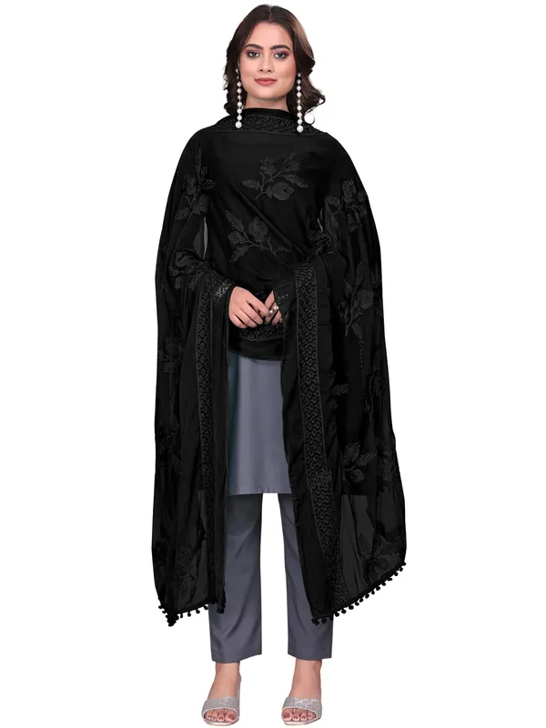 Embroidered_Chiffon_Dupatta_For_Women_With_Pom_Pom_Lace_Black