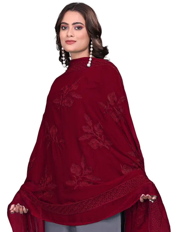 Embroidered_Chiffon_Dupatta_For_Women_With_Pom_Pom_Lace_Maroon
