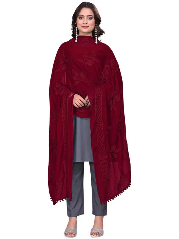Embroidered_Chiffon_Dupatta_For_Women_With_Pom_Pom_Lace_Maroon