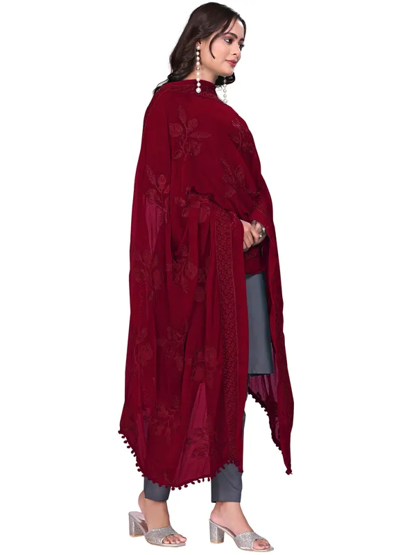 Embroidered_Chiffon_Dupatta_For_Women_With_Pom_Pom_Lace_Maroon
