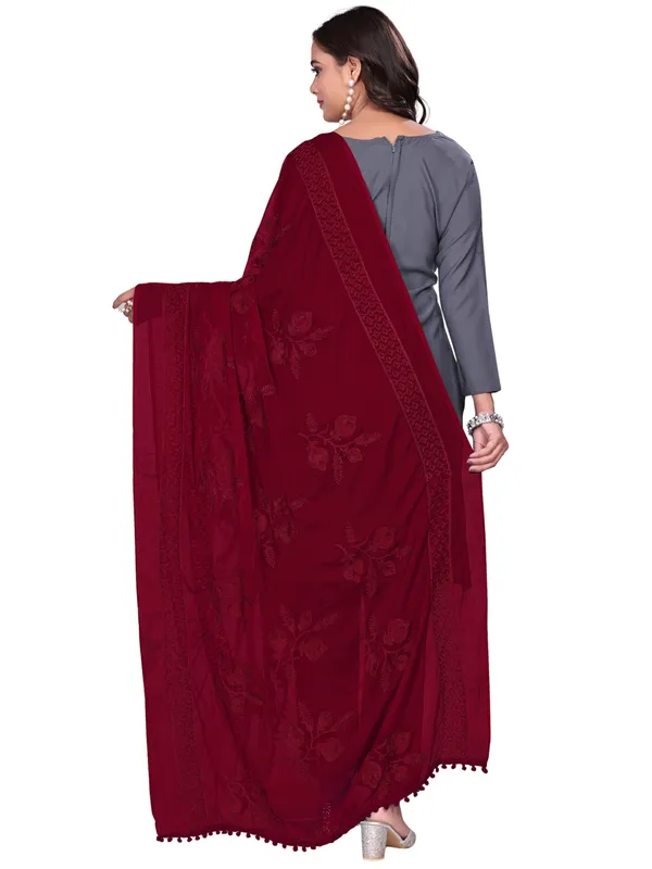 Embroidered_Chiffon_Dupatta_For_Women_With_Pom_Pom_Lace_Maroon