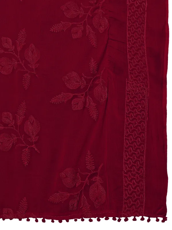 Embroidered_Chiffon_Dupatta_For_Women_With_Pom_Pom_Lace_Maroon