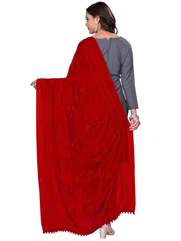 Embroidered_Chiffon_Dupatta_For_Women_With_Pom_Pom_Lace_Red