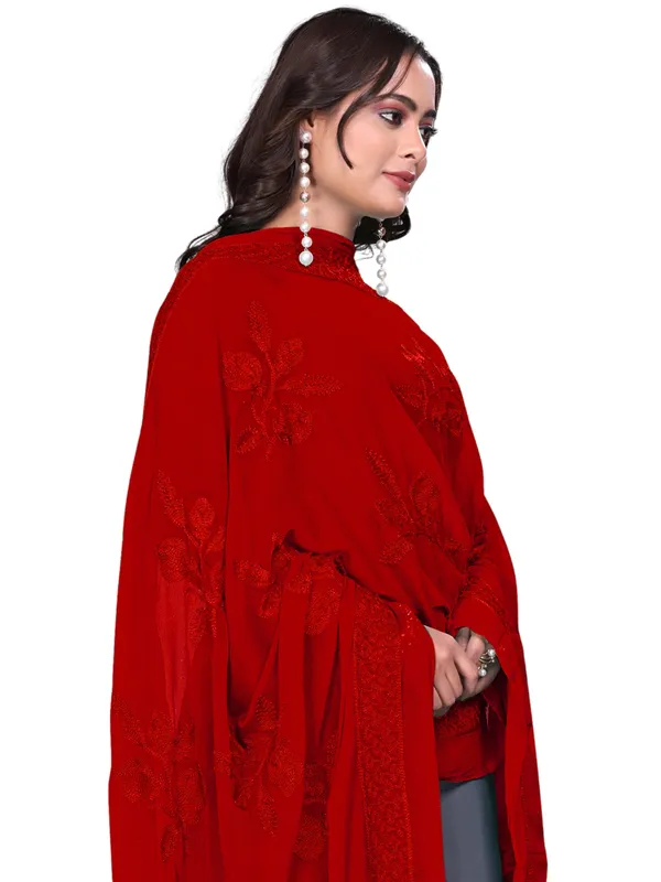 Embroidered_Chiffon_Dupatta_For_Women_With_Pom_Pom_Lace_Red