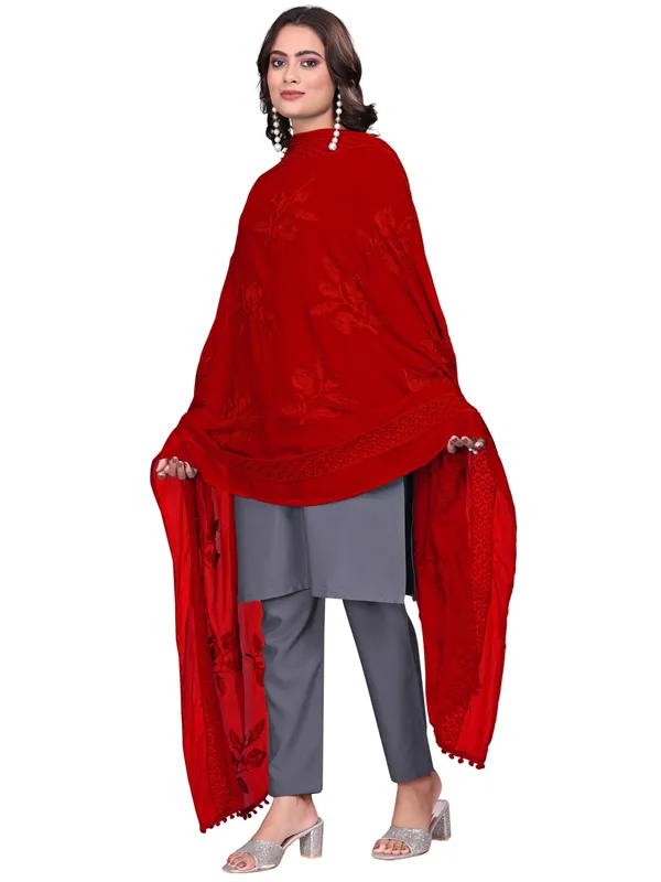 Embroidered_Chiffon_Dupatta_For_Women_With_Pom_Pom_Lace_Red