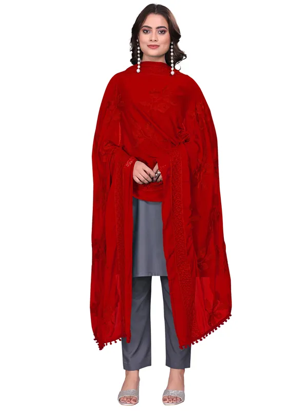 Embroidered_Chiffon_Dupatta_For_Women_With_Pom_Pom_Lace_Red
