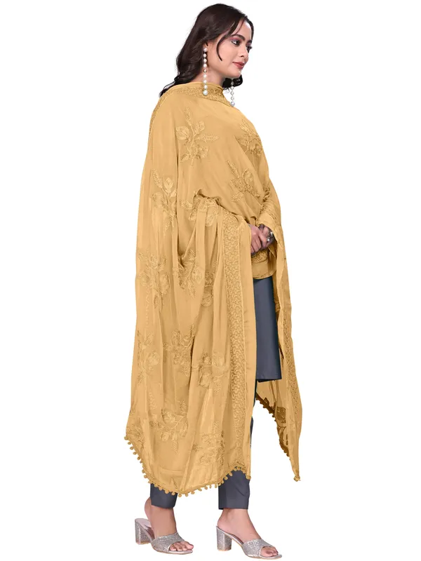 Embroidered_Chiffon_Dupatta_For_Women_With_Pom_Pom_Lace_Gold
