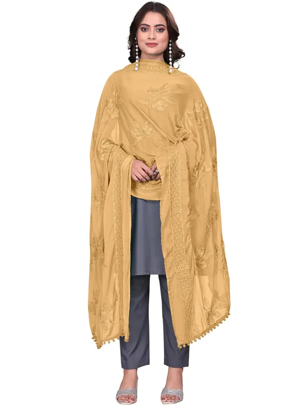 Embroidered_Chiffon_Dupatta_For_Women_With_Pom_Pom_Lace_Gold