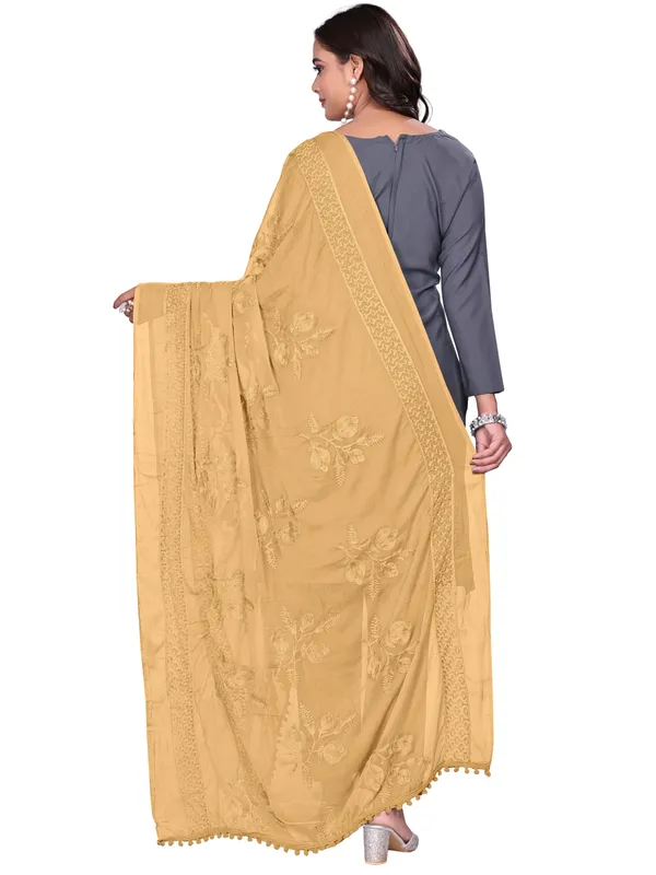Embroidered_Chiffon_Dupatta_For_Women_With_Pom_Pom_Lace_Gold