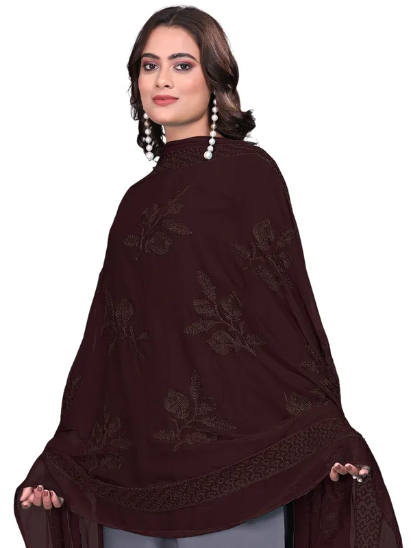 Embroidered_Chiffon_Dupatta_For_Women_With_Pom_Pom_Lace_Coffee