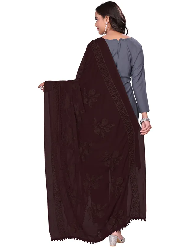 Embroidered_Chiffon_Dupatta_For_Women_With_Pom_Pom_Lace_Coffee