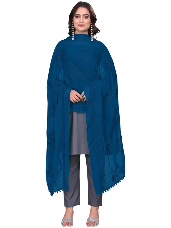 Embroidered_Chiffon_Dupatta_For_Women_With_Pom_Pom_Lace_Navy_Blue