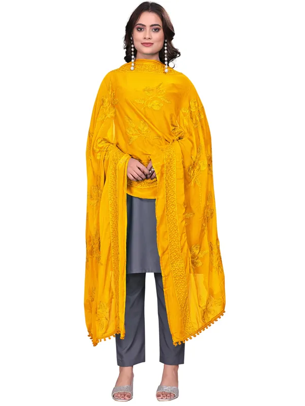 Embroidered_Chiffon_Dupatta_For_Women_With_Pom_Pom_Lace_Yellow