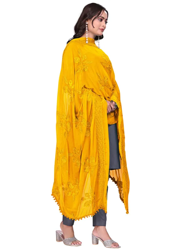 Embroidered_Chiffon_Dupatta_For_Women_With_Pom_Pom_Lace_Yellow
