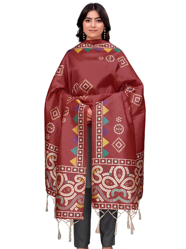 Bandhani_Printed_Art_Silk_Dupatta_For_Women_With_Tassels_Wine