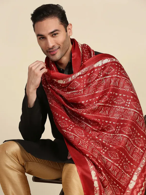 Men_S_Cotton_Silk_Dupatta_With_Bagru_Style_Print_And_Tassels_Red