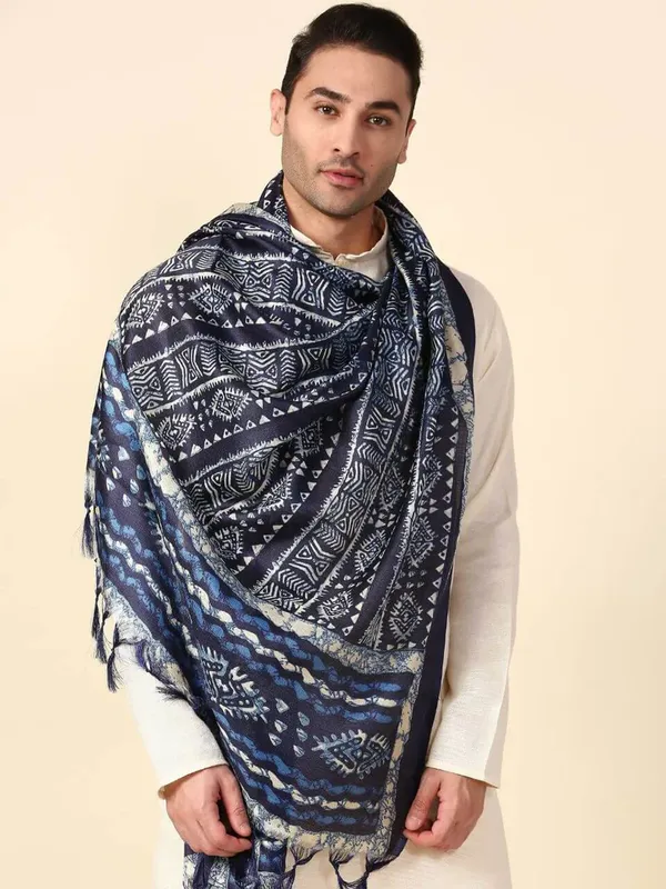 Men_S_Cotton_Silk_Dupatta_With_Bagru_Style_Print_And_Tassels_Blue