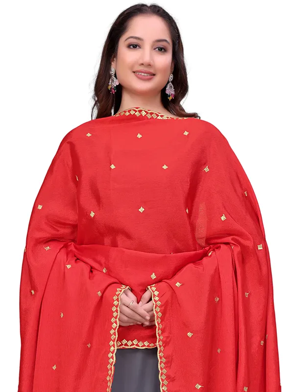 Chinon_Embroidered_Dupatta_With_Sequin_Butti_Scalloped_Border_Red