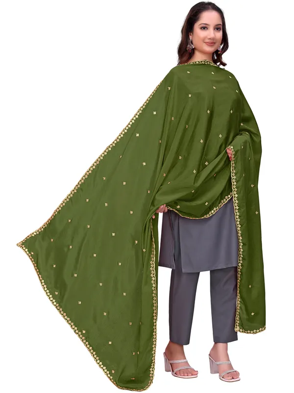 Chinon_Embroidered_Dupatta_With_Sequin_Butti_Scalloped_Border_Mahendi_Green
