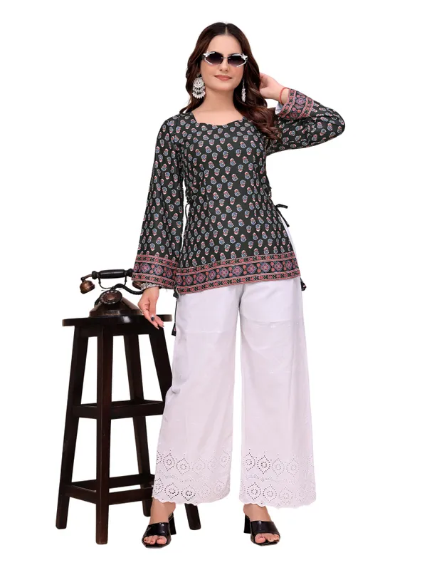 Cotton_Rayon_Floral_Butti_Print_Short_Kurti_With_Side_Tie_Up